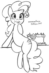 Size: 606x900 | Tagged: safe, artist:moronsonofboron, imported from derpibooru, pinkie pie, pony, cake, female, food, looking at you, monochrome, sketch, solo, tongue out