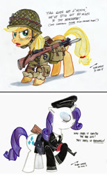 Size: 790x1280 | Tagged: safe, artist:buckweiser, imported from derpibooru, applejack, rarity, pony, bayonet, clothes, dialogue, eye black (makeup), eyes closed, eyeshadow, face paint, gun, hat, helmet, m1 garand, makeup, military uniform, rifle, shirt, stg 44, weapon, world war ii