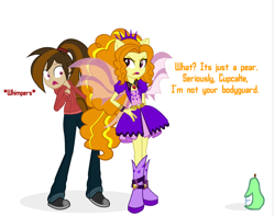 Size: 1024x806 | Tagged: safe, artist:wubcakeva, imported from derpibooru, adagio dazzle, oc, oc:cupcake slash, equestria girls, biting pear of salamanca, boots, clothes, dialogue, dress, duo, equestria girls-ified, food, high heel boots, hoodie, jacket, jewelry, looking back, pants, pear, pendant, ponied up, scared, shoes, simple background, white background, wings