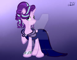 Size: 600x464 | Tagged: safe, artist:missanimegrl, imported from derpibooru, starlight glimmer, pony, unicorn, alternate hairstyle, clothes, dress, female, gala dress, gradient background, raised hoof, smiling, solo, watermark