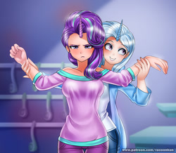Size: 900x786 | Tagged: safe, artist:racoonsan, imported from derpibooru, starlight glimmer, trixie, human, all bottled up, breasts, busty starlight glimmer, cute, duo, female, frown, grin, grumpy, horned humanization, humanized, lesbian, scene interpretation, shipping, smiling, starlight glimmer is not amused, starlight is not amused, startrix, trixie's puppeteering, unamused