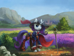 Size: 1400x1057 | Tagged: safe, artist:asimos, imported from derpibooru, rarity, pony, unicorn, clothes, female, hat, mare, rapier, scenery, solo, sword, weapon