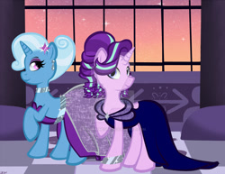 Size: 800x618 | Tagged: safe, artist:missanimegrl, imported from derpibooru, starlight glimmer, trixie, pony, unicorn, alternate hairstyle, choker, clothes, dress, eyeshadow, female, gala dress, hair over one eye, lesbian, looking back, makeup, mare, raised hoof, shipping, startrix, watermark, window