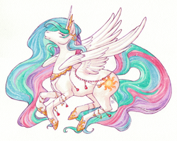 Size: 900x720 | Tagged: safe, artist:gerbilfat, imported from derpibooru, princess celestia, alicorn, pony, crown, eyes closed, female, jewelry, necklace, regalia, simple background, solo, spread wings, traditional art, white background, wings