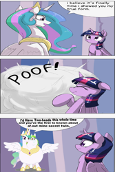 Size: 3457x5169 | Tagged: source needed, useless source url, safe, artist:otakuap edit, artist:theunknowenone1, imported from derpibooru, princess celestia, twilight sparkle, alicorn, pony, 3 panel comic, absurd resolution, celestia's true form, chubbylestia, comic, conjoined, conjoined twins, fat, multiple heads, not salmon, plot twist, twilight sparkle (alicorn), twin, two heads, wat, wtf