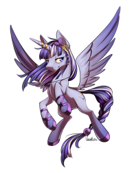 Size: 1024x1312 | Tagged: safe, artist:moenkin, imported from derpibooru, oc, oc only, oc:cassiopee, alicorn, pony, alicorn oc, female, lidded eyes, mare, rearing, simple background, smiling, solo, spread wings, transparent background, wings