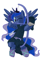 Size: 744x1073 | Tagged: safe, artist:wolyro pegasus, imported from derpibooru, princess luna, alicorn, pony, aiming, archer, arrow, bipedal, bow (weapon), bow and arrow, clothes, cute, female, lunabetes, one eye closed, simple background, solo, transparent background, tunic, weapon
