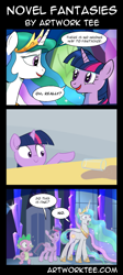 Size: 593x1326 | Tagged: safe, artist:ecartoonman, artist:furseiseki, edit, imported from derpibooru, princess celestia, spike, twilight sparkle, alicorn, dragon, pony, celestial advice, chocolate, chocolate milk, comic, dialogue, everything is ruined, exploitable meme, glass, horrified, meme, milk, open mouth, pure unfiltered evil, shivering, shocked, speech bubble, spill, spilled milk, there is no wrong way to fantasize, twilight sparkle (alicorn), wide eyes