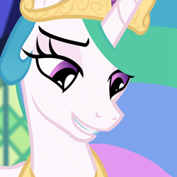 Size: 1080x1080 | Tagged: safe, edit, edited screencap, imported from derpibooru, screencap, princess celestia, alicorn, pony, celestial advice, cropped, female, grin, looking down, mare, smiling, solo
