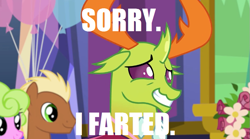 Size: 843x468 | Tagged: safe, edit, edited screencap, imported from derpibooru, screencap, daisy, flower wishes, meadow song, thorax, changedling, changeling, pony, celestial advice, caption, cute, embarrassed, image macro, implied farting, king thorax, meme, more fun than it sounds, text, thorabetes