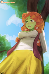 Size: 750x1121 | Tagged: safe, artist:lumineko, imported from derpibooru, tree hugger, human, equestria girls, blushing, clothes, equestria girls-ified, female, flower, flower in hair, humanized, lidded eyes, long skirt, open mouth, patreon, patreon logo, skirt, solo, tree