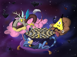 Size: 4000x3000 | Tagged: safe, artist:sirzi, imported from derpibooru, applejack, discord, fluttershy, pinkie pie, princess celestia, princess luna, rainbow dash, rarity, twilight sparkle, alicorn, cat, demon, pony, aladdin, alternate dimension, armchair, bill cipher, chair, chaos, chaos (aladdin), chess, chessboard, chessboard incorrectly oriented, cloud, cotton candy, cotton candy cloud, crossover, female, floating, food, gravity falls, mare, starry backdrop