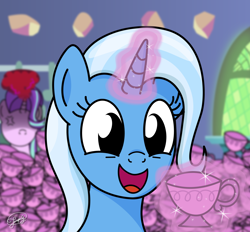 Size: 4500x4167 | Tagged: safe, artist:up-world, imported from derpibooru, starlight glimmer, trixie, pony, unicorn, all bottled up, absurd resolution, anger cloud, angry, cross-popping veins, cup, cute, diatrixes, happy, hidden eyes, smiling, teacup, that pony sure does love teacups