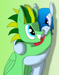 Size: 2010x2549 | Tagged: safe, artist:tacomytaco, imported from derpibooru, oc, oc only, oc:shiver soft, oc:taco.m.tacoson, pegasus, pony, bandana, belly button, cute, hug, male, one eye closed, wings