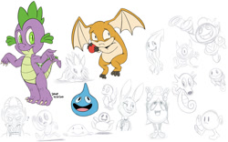 Size: 1024x640 | Tagged: safe, artist:megadrivesonic, imported from derpibooru, spike, charmander, dragon, hoopa, patamon, rabbit, squid, squirtle, dragon quest, blobfish, digimon, dragon quest (game), judy hopps, pokémon, ristar, simple background, white background, zootopia