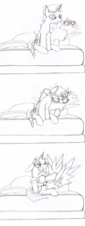 Size: 939x2474 | Tagged: safe, artist:dsb71013, imported from derpibooru, oc, oc only, oc:amber spark, oc:rhapsody, pony, bed, comic, hug, hug from behind, magic, monochrome, morning ponies, telekinesis