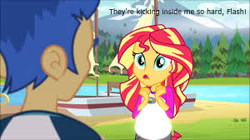 Size: 300x168 | Tagged: safe, edit, edited screencap, imported from derpibooru, screencap, flash sentry, sunset shimmer, comic:a new change, equestria girls, legend of everfree, bad edit, fanfic, female, flashimmer, male, pregnant, pregnant edit, shipping, straight, teen pregnancy