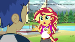 Size: 300x168 | Tagged: safe, edit, edited screencap, imported from derpibooru, screencap, flash sentry, sunset shimmer, comic:a new change, equestria girls, legend of everfree, camp everfree outfits, clothes, female, flashimmer, male, mountain, picture for breezies, pregnant, pregnant edit, river, sailboat, shipping, shorts, straight, sun, tree