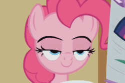Size: 640x427 | Tagged: safe, edit, edited screencap, imported from derpibooru, screencap, pinkie pie, pony, a flurry of emotions, animated, eyebrow wiggle, female, gif, lidded eyes, solo