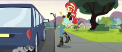 Size: 1023x439 | Tagged: safe, edit, edited screencap, imported from derpibooru, screencap, sunset shimmer, comic:a new change, equestria girls, friendship games, boots, car, clothes, fence, high heel boots, jacket, leather jacket, mountain, pregnant, pregnant edit, raised leg, sidewalk, tree