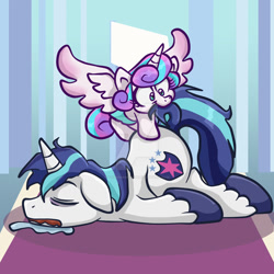 Size: 1024x1024 | Tagged: safe, artist:yoshimarsart, imported from derpibooru, princess flurry heart, shining armor, alicorn, pony, unicorn, a flurry of emotions, bags under eyes, biting, drool, eyes closed, father and daughter, floppy ears, majestic as fuck, messy mane, prone, sleeping, tail bite, watermark