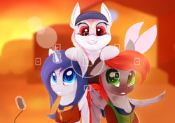 Size: 3000x2100 | Tagged: safe, artist:chapaevv, imported from derpibooru, oc, oc only, oc:prince nova, oc:rainy skies, oc:tricky spirit, pony, clothes, farm, looking at each other, looking at you, novaskies, photo