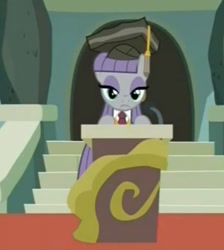 Size: 403x450 | Tagged: safe, imported from derpibooru, screencap, maud pie, earth pony, pony, rock solid friendship, bipedal, bipedal leaning, cropped, female, graduation, graduation cap, hat, leaning, mare, necktie, podium, rocktorate, solo