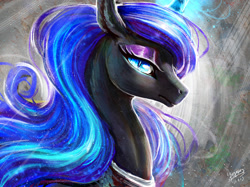 Size: 1890x1417 | Tagged: safe, artist:begasus, imported from derpibooru, nightmare moon, alicorn, pony, beautiful, eyeshadow, female, glowing horn, lidded eyes, looking at you, makeup, mare, missing accessory, signature, solo