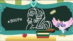 Size: 1920x1080 | Tagged: safe, edit, edited screencap, imported from derpibooru, screencap, princess flurry heart, starlight glimmer, pony, a flurry of emotions, boop, chalkboard, discovery family logo, exploitable meme, female, flurry art, flurry heart's chalkboard, glimmerposting, meme, princess flurry smart, self-boop, solo