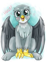 Size: 1725x2300 | Tagged: safe, artist:evomanaphy, imported from derpibooru, gabby, griffon, blushing, bronybait, cute, female, gabbybetes, heart, hug request, looking at you, patreon reward, sketch, solo
