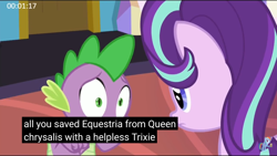 Size: 2560x1440 | Tagged: safe, imported from derpibooru, screencap, spike, starlight glimmer, dragon, celestial advice, helpless, meme, twilight's castle, youtube caption
