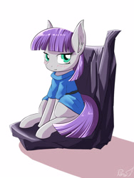 Size: 1200x1600 | Tagged: safe, artist:phoenixperegrine, imported from derpibooru, maud pie, earth pony, pony, blushing, clothes, female, looking at you, mare, simple background, sitting, smiling, solo