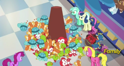 Size: 562x302 | Tagged: safe, imported from derpibooru, screencap, berry punch, berryshine, bon bon, cherry berry, lyra heartstrings, sweetie drops, pony, a flurry of emotions, discovery family logo, female, toy, toy store