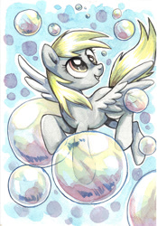 Size: 625x900 | Tagged: safe, artist:yulyeen, imported from derpibooru, derpy hooves, pegasus, pony, bubble, female, flying, looking up, mare, smiling, solo, spread wings, traditional art, wings