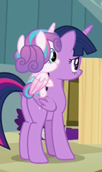 Size: 238x399 | Tagged: safe, imported from derpibooru, screencap, princess flurry heart, twilight sparkle, alicorn, pony, a flurry of emotions, butt, cropped, female, flurry heart riding twilight, mare, plot, ponies riding ponies, ponyville hospital, riding, twilight sparkle (alicorn)