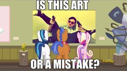 Size: 1563x878 | Tagged: safe, edit, edited screencap, imported from derpibooru, screencap, princess cadance, shining armor, spearhead, pony, unicorn, a flurry of emotions, a thousand nights in a hallway, art or a mistake, butt, exploitable meme, female, filthy frank, gun, image macro, male, mare, meme, plot, stallion, weapon