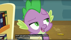 Size: 960x540 | Tagged: safe, edit, edited screencap, imported from derpibooru, screencap, spike, dragon, a flurry of emotions, book, caption, discovery family logo, meme, vulgar, youtube caption