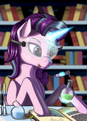 Size: 2221x3108 | Tagged: safe, artist:lightly-san, imported from derpibooru, starlight glimmer, pony, unicorn, book, chemistry, female, focus, glowing horn, goggles, magic, mare, potion, safety goggles, smiling, solo, telekinesis, tongue out