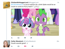 Size: 2048x1536 | Tagged: safe, imported from derpibooru, screencap, princess flurry heart, spike, alicorn, dragon, pony, cathy weseluck, cute, duo, duo focus, flurrybetes, spikabetes, text, twitter