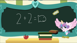 Size: 1280x720 | Tagged: safe, imported from derpibooru, screencap, princess flurry heart, pony, a flurry of emotions, book, chalk, chalkboard, exploitable meme, female, flurry art, flurry heart's chalkboard, food, math, meme, solo, the fairly oddparents