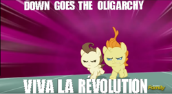 Size: 804x442 | Tagged: safe, edit, edited screencap, imported from derpibooru, screencap, pound cake, pumpkin cake, pony, a flurry of emotions, angry, babies, baby, discovery family logo, foal, meme, revolt, revolution