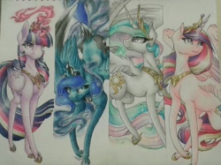 Size: 1844x1376 | Tagged: safe, artist:cloud-dash, imported from derpibooru, princess cadance, princess celestia, princess luna, twilight sparkle, alicorn, pony, alicorn tetrarchy, crown, jewelry, magic, regalia, traditional art, twilight sparkle (alicorn)