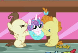 Size: 600x409 | Tagged: safe, edit, edited screencap, imported from derpibooru, screencap, pound cake, princess flurry heart, pumpkin cake, pony, a flurry of emotions, animated, cake twins, cropped, discovery family logo, female, fight, flurry heart gets all the foals, gif, lesbian, love triangle, male, poundflurry, pumpkin heart, pumpoundurry, shipping, siblings, straight, sugarcube corner, twins