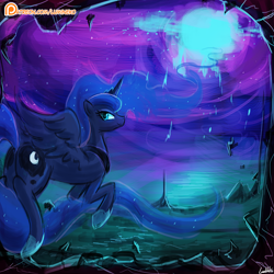 Size: 750x750 | Tagged: safe, artist:lumineko, imported from derpibooru, princess luna, alicorn, pony, dream, dream walker luna, ethereal mane, female, flowing mane, flowing tail, flying, looking back, mare, moonbutt, patreon, patreon logo, rear view, scenery, solo, stupid sexy luna, stupid sexy princess luna