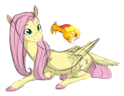 Size: 2931x2258 | Tagged: safe, artist:kroftyfennec, artist:tyandagaart, imported from derpibooru, fluttershy, bird, pegasus, phoenix, pony, colored hooves, colored sketch, female, folded wings, head turn, looking at each other, looking at something, mare, phoenix chick, prone, simple background, sketch, solo, tail feathers, turned head, white background