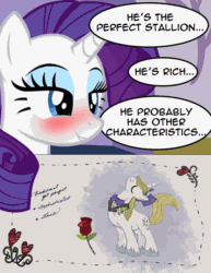 Size: 800x1036 | Tagged: safe, artist:badumsquish, imported from derpibooru, prince blueblood, rarity, pony, unicorn, animated, bender bending rodriguez, bender bending rodríguez, blushing, card, debate in the comments, dialogue, flower, futurama, gif, gold digger, hat, heart, male, parody, peek behind the boutique, quote, rariblood, rose, scene parody, shallow, shipping, smiling, smirk, solo, straight, tail whip, top hat, unshorn fetlocks