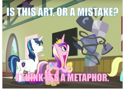 Size: 1628x1159 | Tagged: source needed, safe, edit, edited screencap, imported from derpibooru, screencap, princess cadance, shining armor, pony, a flurry of emotions, art or a mistake, exploitable meme, gravity falls, image macro, meme, not what he seems