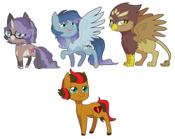 Size: 1180x941 | Tagged: safe, artist:curiouskeys, imported from derpibooru, oc, oc only, oc:curious keys, oc:dune beak, oc:valor force, oc:vertical lift, earth pony, griffon, hinny, pegasus, pony, unicorn, chibi, cutie mark, gift art, updated