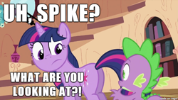 Size: 610x343 | Tagged: safe, edit, edited screencap, imported from derpibooru, screencap, spike, twilight sparkle, dragon, butt, caption, image macro, meme, plot, recontextualized