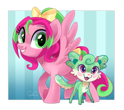 Size: 3625x3209 | Tagged: safe, artist:wicklesmack, imported from derpibooru, oc, oc only, oc:gadget, oc:precious metal, pegasus, pony, bow, commission, cute, duo, female, hair bow, looking at you, mare, smiling